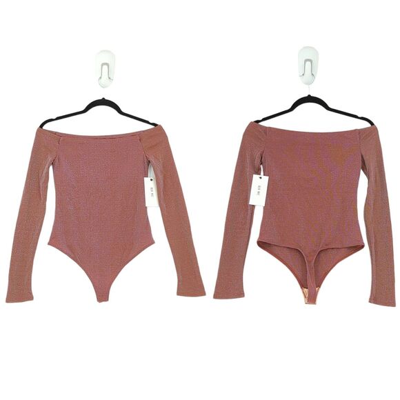 Alix NYC Women S Addison Bodysuit Brown Off Shoulder Shimmer Stretch NEW - Picture 2 of 7
